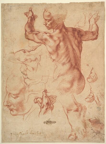 Michelangelo Buonarroti, ‘Studies for the Libyan Sibyl (recto); Studies for the Libyan Sibyl and a small Sketch for a Seated Figure (verso)’, ca. 1510–1511