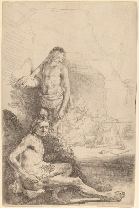 Rembrandt van Rijn, ‘Nude Man Seated and Nude Man Standing,  with a Woman and Baby in the Background’, ca. 1646