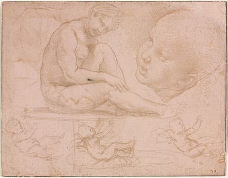 Raphael, ‘Studies of a Seated Female, Child's Head, and Three Studies of a Baby’, c. 1507-1508