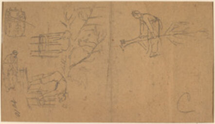Winslow Homer, ‘Soldiers felling sapling, and weaving saplings into baskets [verso]’, 1862