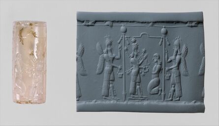 Unknown Assyrian, ‘Cylinder seal and modern impression: Ishtar image and a worshiper below a canopy flanked by winged genies’, ca. 8th–7th century B.C.