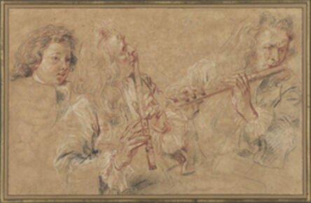 Jean-Antoine Watteau, ‘Two Studies of a Flutist and a Study of the Head of a Boy’, 1716-1717