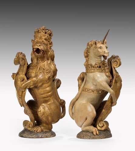England, 17th century, ‘James I Carved Oak Polychrome-decorated and Parcel-gilt Heraldic Supporters in the form of a Lion and a Unicorn’, ca. 1605