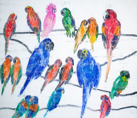 Hunt Slonem, ‘Leadbeter Cockatoo (assorted colorful birds on white background with black lines)’, 2020