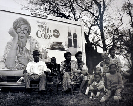 Stephen Somerstein, ‘Coca Cola lady looking over black multi-generational family seated on hillside under sign, watching 1965 Selma to Montgomery civil march pass by, March 25, 1965’, 1965
