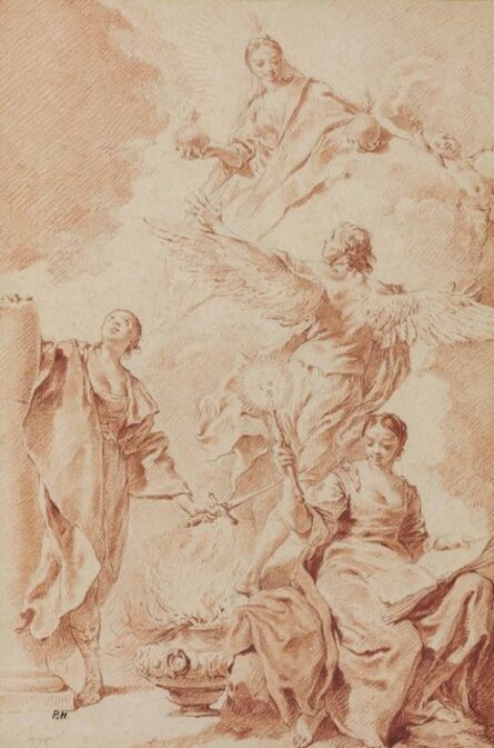 Giovanni Battista Piazzetta, ‘Design for a frontispiece: Allegorical figures of Constancy, Philosophy and Truth, with a winged genius’