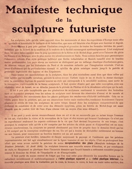 Umberto Boccioni, ‘Manifeste Technique de la Sculpture Futuriste’, 1912