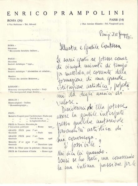 Enrico Prampolini, ‘Autograph Letter by E. Prampolini’, 1930s