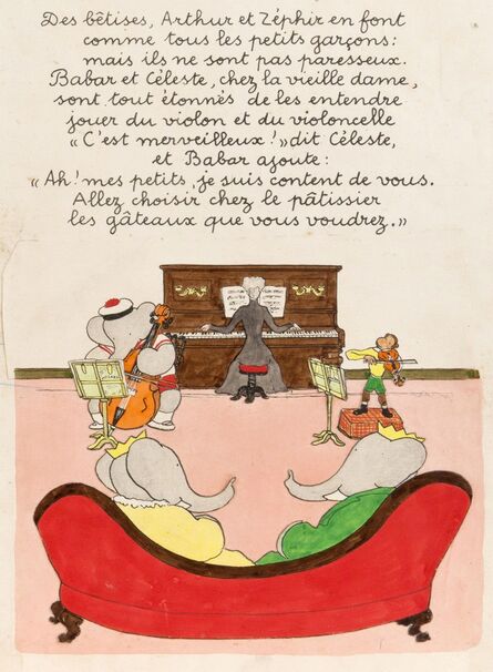 Jean de Brunhoff, ‘Arthur and Zephir are mischievous, as are all little boys, but they are not lazy. Babar and Celeste visit the Old Lady, and are amazed to hear them play the violin and cello. “It is wonderful!” says Celeste, and Babar adds: “My dear children, I am indeed pleased with you. Go to the pastry shop and select whatever cakes you like.”’, 1935