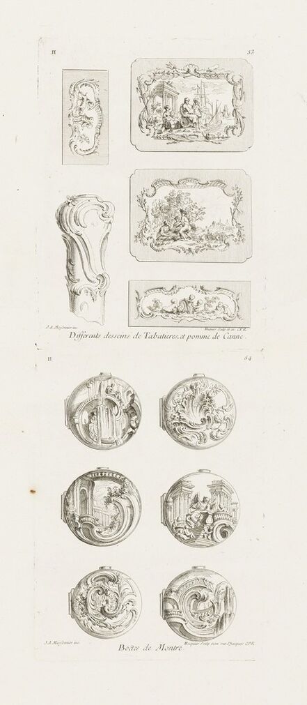 Juste-Aurèle Meissonnier, ‘Differents desseins de Tabatières, et pomme de canne, cinquième planche (Different Designs for Snuff Boxes and a Cane Handle), 5th Plate’, 1748