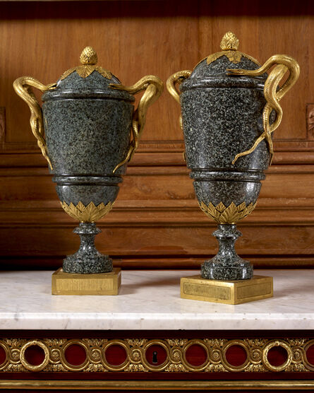Pierre Gouthière, ‘A pair of Louis XVI period " green porphyry " vases mounted with entwined snake handles attributed to Pierre Gouthière’, France, Louis XVI period, circa 1775 , 1780.