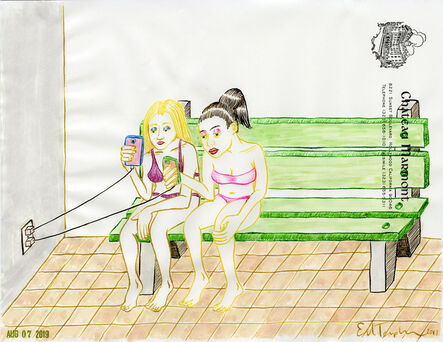 Ed Templeton, ‘Study for a painting (Cell phone girls on a bench)’, 2019