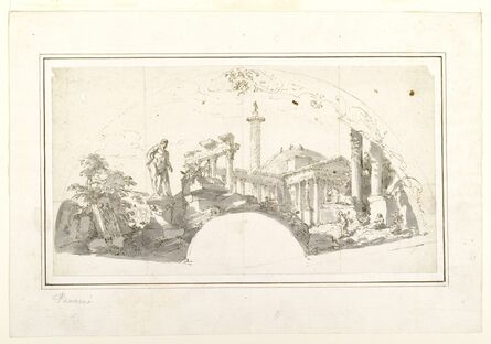 Giovanni Paolo Panini, ‘Design for a Fan: Capriccio with Roman Ruins and the Farnese Hercules’, ca. 1750