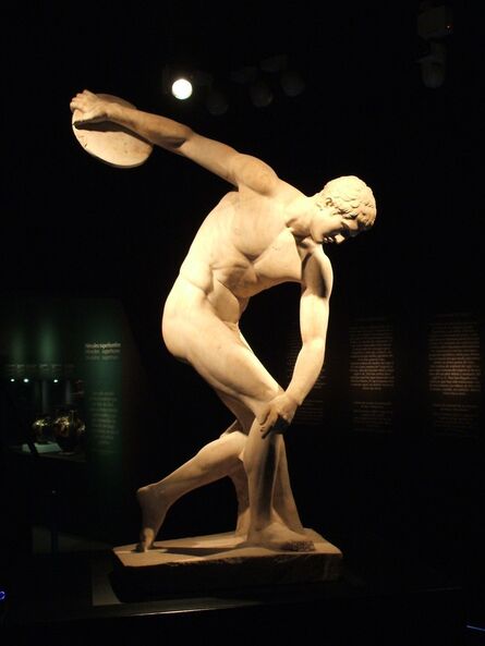 ‘Discus-thrower (discobolus), Roman copy of Myron's bronze original of the 5th century B.C.’