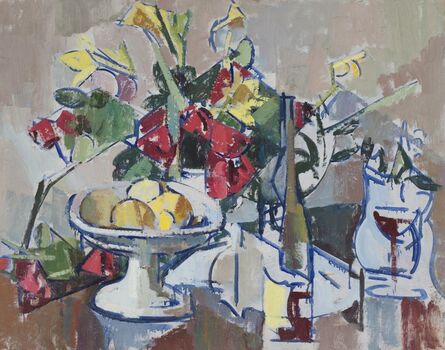 Herbert Barnett, ‘Compote, Wine Bottle and Bouquet’, ca. 1949-1951
