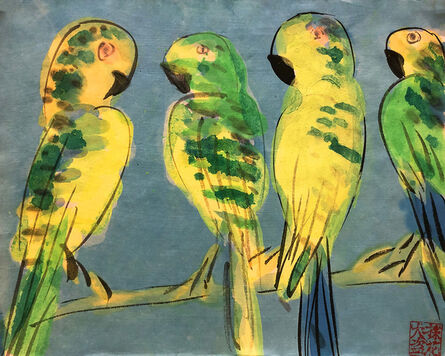 Walasse Ting 丁雄泉, ‘Four Green Parrots’, ca. 1990