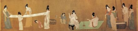 Attributed to Emperor Huizong, ‘Detail of Ladies Preparing Newly Woven Silk, copy after a lost Tang dynasty painting by Zhang Xuan, Northern Song dynasty’, Early 12th century