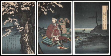 Kobayashi Kiyochika 小林清親, ‘”Taira No Tadanori Under the Cherry Tree”’, 1884/5