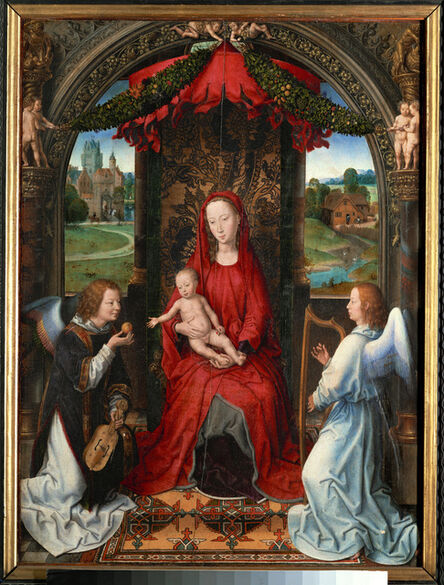 Hans Memling, ‘Madonna and child, angel with violin in his hand; landscape with farmhouse and castle’, ca. 1480