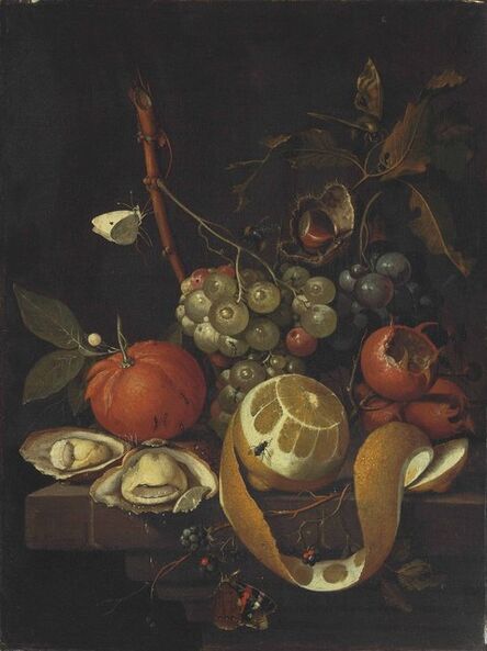 David Cornelisz. de Heem, ‘Grapes, a lemon, oysters, a chestnut, blackberries and other citrus fruits on a stone ledge with butterflies, a fly, a bee and ants’