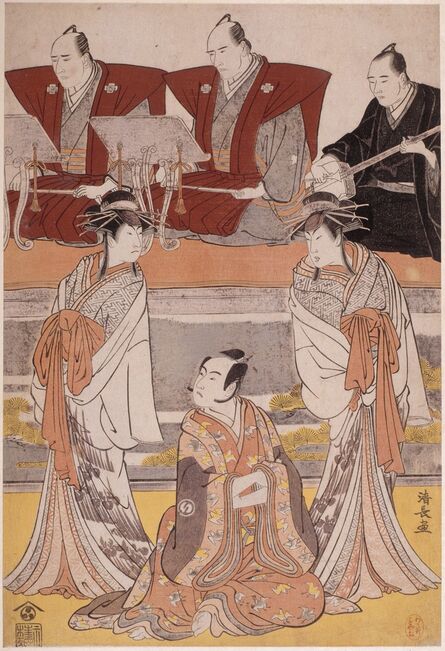 Torii Kiyonaga, ‘Kabuki play "Sono Omokage Matsu ni Sakura" with Sawamura Sôjurô III in the role of Soga no Juro, Ichikawa Monnosuke II embodies the ghost of Seigen, Segawa Kikunojô III in the role of Tora, accompanied by narrators and a shamisen player ’, 1783