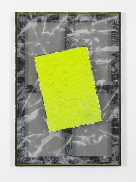 Roman Liška, ‘Untitled (backwards slanted yellow texture crackle piece on black translucent mesh crease w/ carbon-dazzle frame)’, 2012