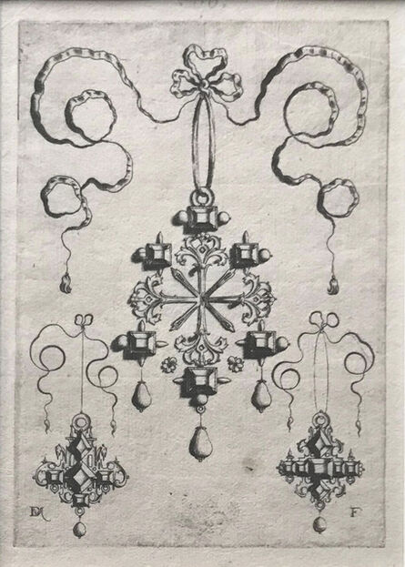 Daniel Mignot, ‘Pendant with double Cross at Centre, surrounded by six large table-stones.  At bottom three drops, lower left and right two earrings with table-stones set in the form of a cross. ’, 1595