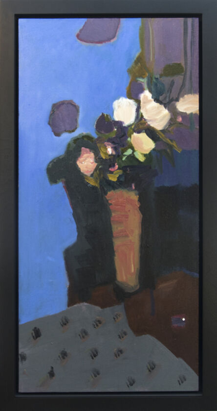 Jennifer Hornyak, ‘Rose Blanche Avec Nappe - elegant textured florals, blue, orange, still life oil’, 2017
