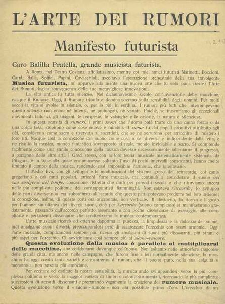 Luigi Russolo, ‘“The Art of Noises: Futurist Manifesto” (“L’arte dei rumori: Manifesto futurista”) ’, 1913