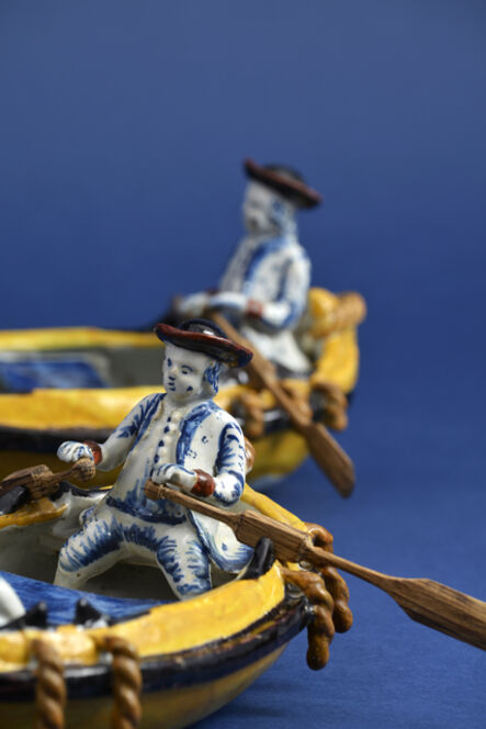 Delftware, ‘Pair of Polychrome Groups of Two Gentlemen in a Boat’, ca. 1780