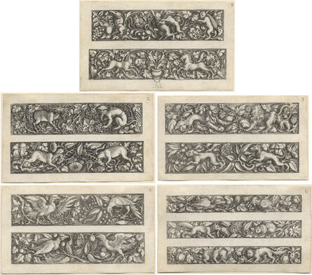 Michel LeBlon, ‘5 Plates from a set of 6 friezes with animals, insect and birds among foliage scrolls’, 1587-1665