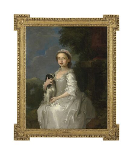 Circle of William Hogarth, ‘Portrait of a young girl, half-length, seated, in a white dress, a King Charles spaniel on her lap, in an ornamental park, with a hill-top castle beyond’, ca. 1750
