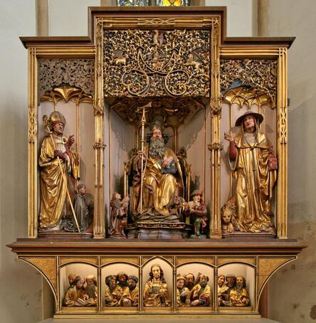 Nikolaus Hagenauer, ‘Saint Anthony Enthroned between Saints Augustine and Jerome, Shrine of the Isenheim Altarpiece’, ca. 1500