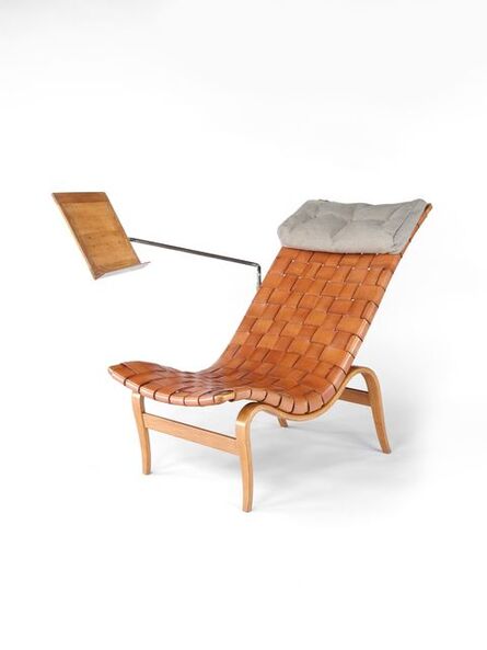 Bruno Mathsson, ‘‘Easy Chair No. 1’ with fixed reading stand in solid & laminated beech with plaited leather straps and a later linen head cushion’, 1934
