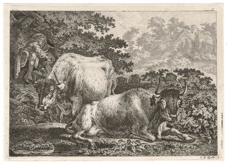 Carl Wilhelm Kolbe, ‘Shepherd playing flute with two cows at the edge of the forest’, ca. 1800