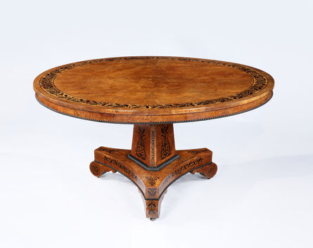 Unknown, ‘A FINE REGENCY PERIOD BURR OAK, OAK AND EBONY INLAY CIRCULAR TABLE ON TRIFORM BASE’, 1820