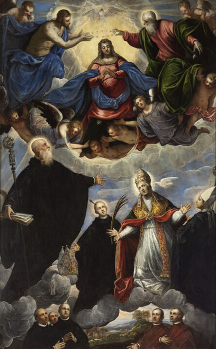 Jacopo Tintoretto, ‘Coronation of the Virgin with Saints Benedict, Placido, Gregorio Magno and Mauro’, 1594