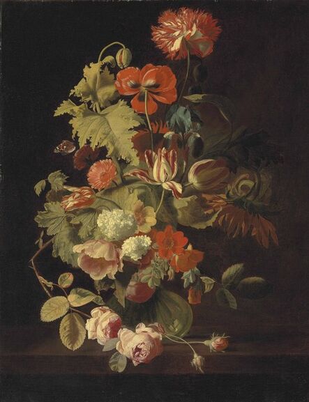 Simon Pietersz. Verelst, ‘A carnation, iris, roses, tulips and other flowers in a glass vase on a stone ledge’