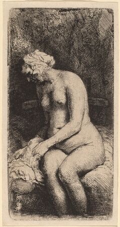 Nude Seated on a Bench with a Pillow (Woman Bathing Her Feet at a Brook)