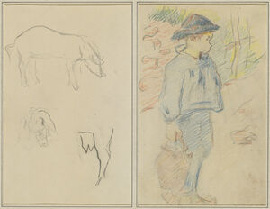 Three Studies of a Pig; Breton Boy Walking with a Jug [recto]