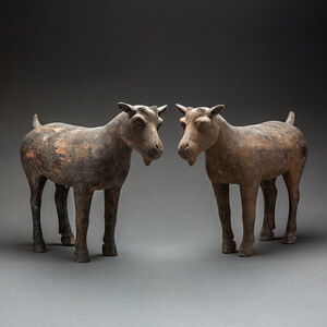 Pair of Han Terracotta Goat Sculptures