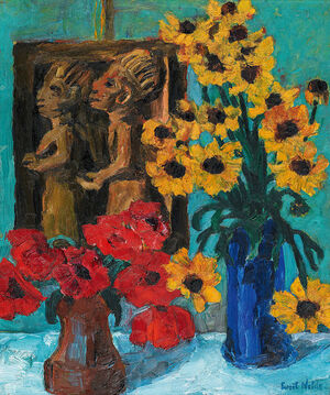 A Still Life of Flowers with a Wooden Sculpture