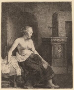 Woman Sitting Half Dressed beside a Stove