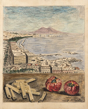 Veduta di Napoli con maccheroni e pomodori