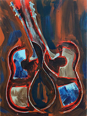 Untitled, Sliced guitar with acrylic paint on canvas