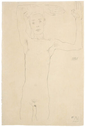 Standing Male Nude with Raised Arms (Self-Portrait)