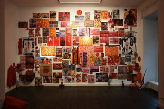 "Recent Silkscreens, Flatware and a Red Wall" by Mike Hentz, installation view
