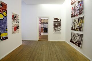 "Recent Silkscreens, Flatware and a Red Wall" by Mike Hentz, installation view