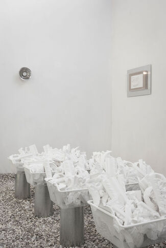 Detritus in white, installation view