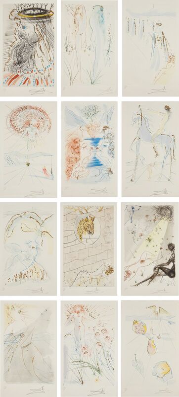 Salvador Dalí, ‘Song of Songs’, 1971, Books and Portfolios, The complete set of 12 etchings with stencil coloring and gold gilding, on Arches paper, with full margins, folded (as issued), with title, colophon and text pages, all contained in the original blue cloth-covored portfolio., Phillips